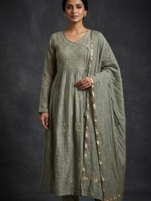 Angrakha 3 Piece Suit with Chikankari Work | Dark Green