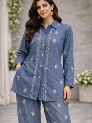 Chanderi Co-Ord Set with Chikankari Work | Grey