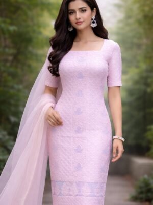 Georgette 3 Pc Suit with Cutdana, Pearl and Chikankari Work | Light Pink