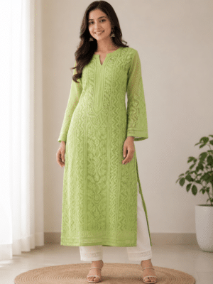 Georgette Kurti with Chikankari Work Green