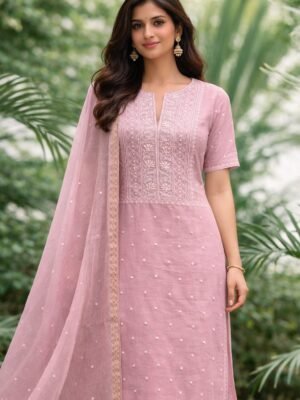 Mul-Mul 3 Piece Suit with Chikankari and Pear Work | Pink