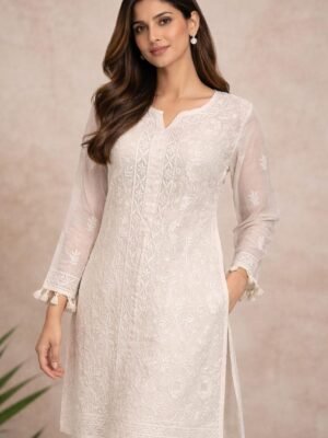 White Mul Kurti with full jaal Chikankari Work