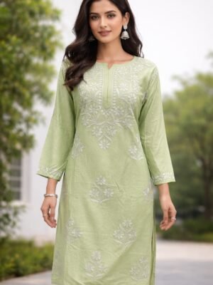 Chanderi Silk Kurta with Chikankari Work | Green