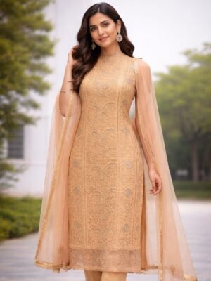 Georgette 3 Piece Suit with Cutdana, Pearl and Chikankari Work | Brown