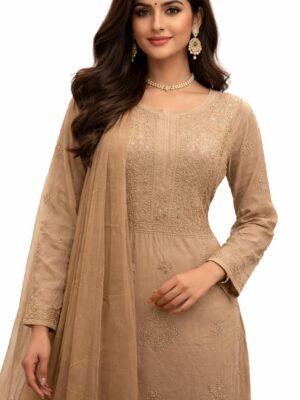 Georgette Glass Neck 4 Piece Suit with Chikankari Work | Brown