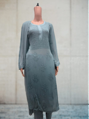 Georgette Glass Neck 4 Piece Suit with Chikankari Work | Light blue-green