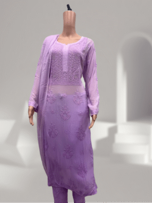 Georgette Glass Neck 4 Piece Suit with Chikankari Work | Purple