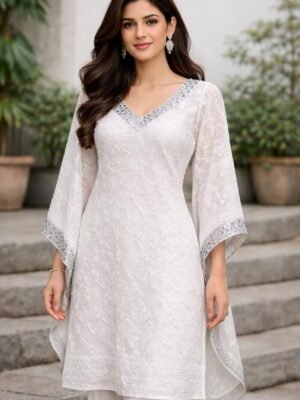 Kaftan Kota Doriya with Chikankari Work | White