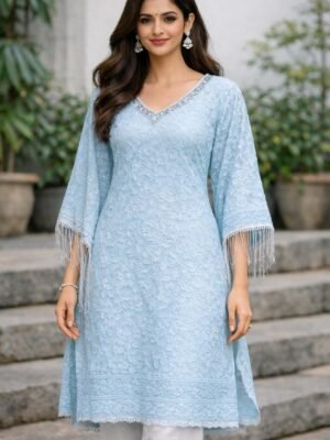 Kaftan Kota Doriya with Chikankari Work | Sky Blue