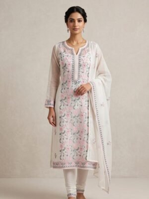 Orgenza 2 Piece Suit with Colored Chikankari Work | Pink