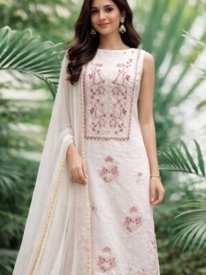 Mul Suit with Chikankari Work | White and Pink