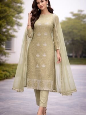 Georgette 3 Pc Suit with Cutdana, Pearl and Chikankari Work | Green