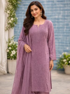 Georgette Front Panel 4 Piece Suit with Chikankari Work | Purple