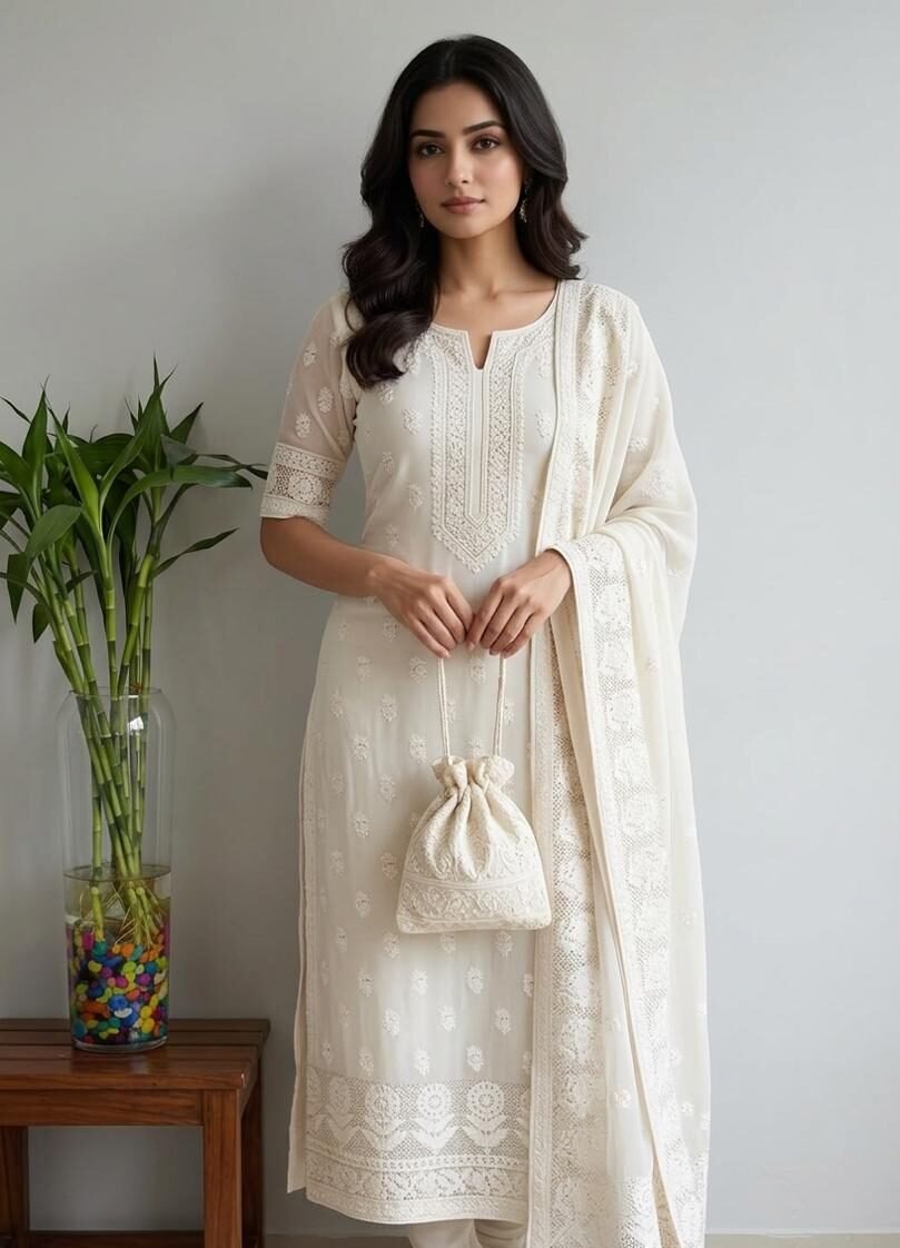 Pure Georgette 2 piece Suit with Mukaish and Chikankari Work 1 Pure Georgette 2 piece Suit with Mukaish and Chikankari Work