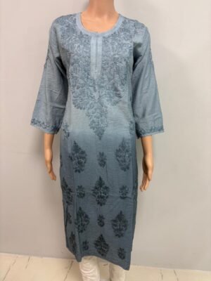 Chanderi Kurti with Color Transition and Chikankari Work | Aqua Blue