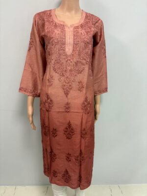 Chanderi Kurti with Color Transition and Chikankari Work | Dark Brown