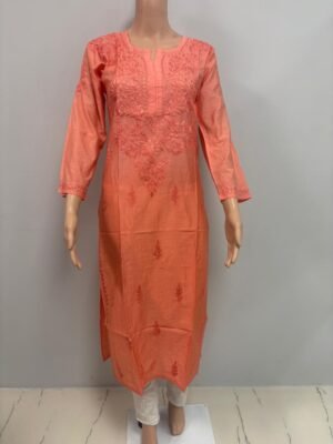 Chanderi Kurti with Color Transition and Chikankari Work | Orange