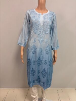 Chanderi Kurti with Color Transition and Chikankari Work | Sky Blue
