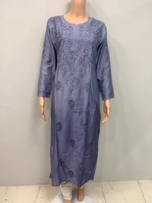 Chanderi Kurti with Color Transition and Chikankari Work Steel Blue