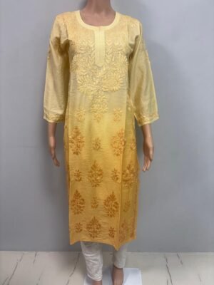Chanderi Kurti with Color Transition and Chikankari Work | Yellow