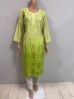 Chanderi Kurti with Color Transition and Chikankari Work | Yellow Green