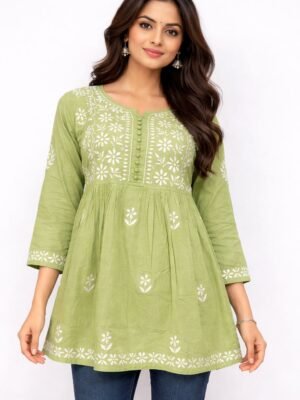 Cotton Short Tunic Top with Chikankari Work 4Teal Blue Base and White Embroidery