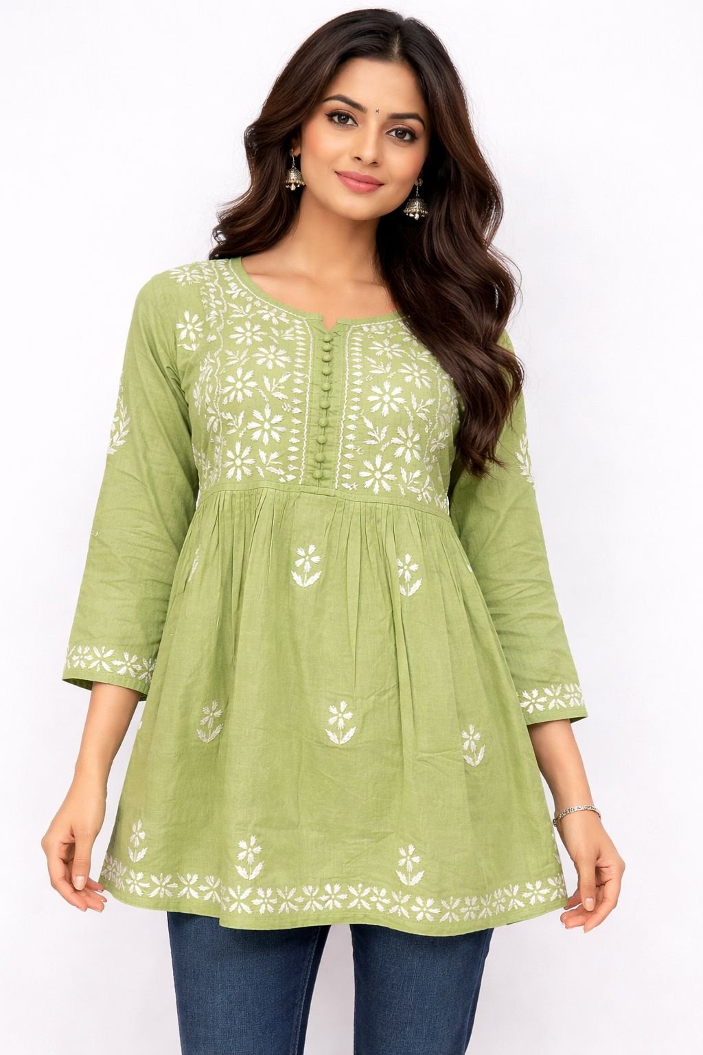 Cotton Short Tunic Top with Chikankari Work | Green Base and White Embroidery 1 Cotton Short Tunic Top with Chikankari Work 4Teal Blue Base and White Embroidery