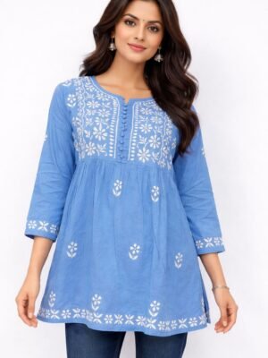 Cotton Short Tunic Top with Chikankari Work Light Blue Base and White Embroidery 4