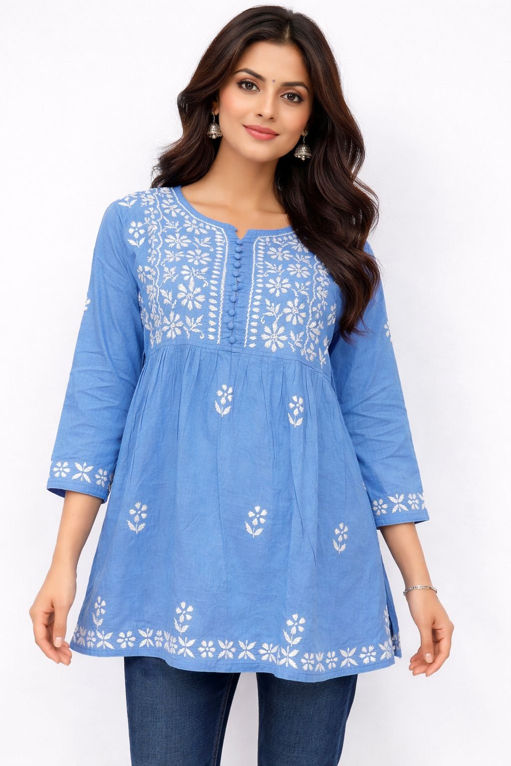 Cotton Short Tunic Top with Chikankari Work | Light Blue Base and White Embroidery 1 Cotton Short Tunic Top with Chikankari Work Light Blue Base and White Embroidery 4