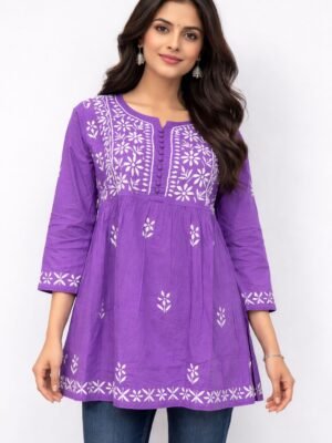 Cotton Short Tunic Top with Chikankari Work Purple Base and White Embroidery 4