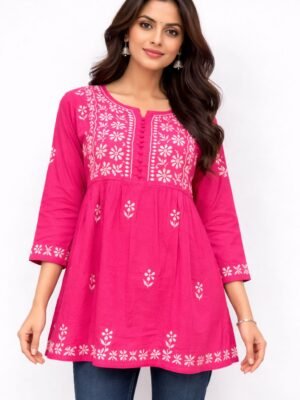 Cotton Short Tunic Top with Chikankari Work Red Base and White Embroidery