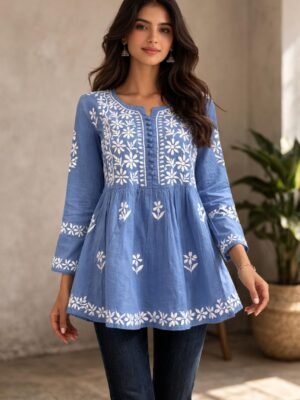 Cotton Short Tunic Top with Chikankari Work Sky Blue Base and White Embroidery 4
