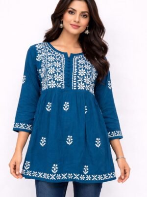 Cotton Short Tunic Top with Chikankari Work Teal Blue Base and White Embroidery 4
