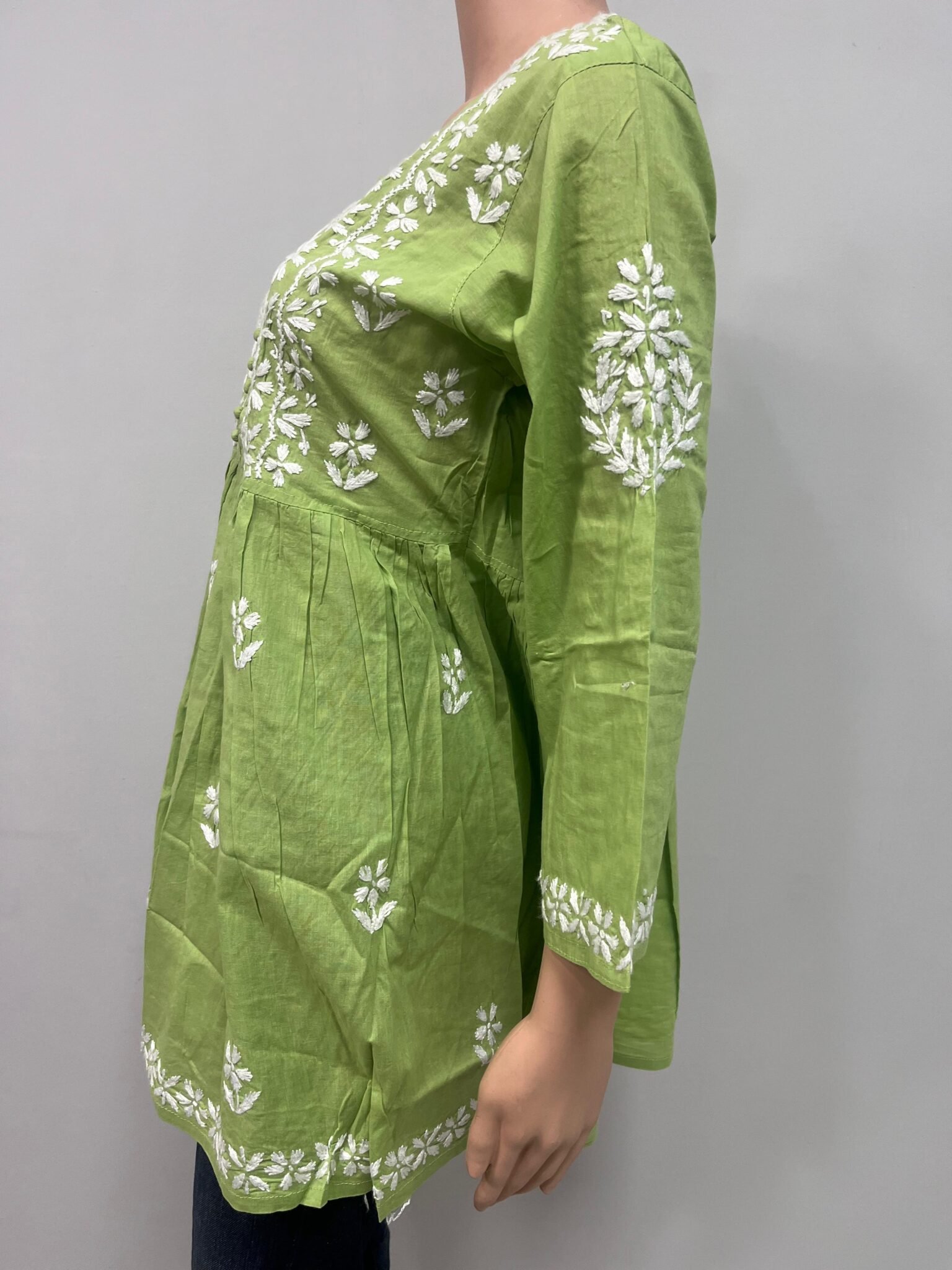 Cotton Short Tunic Top with Chikankari Work | Green Base and White Embroidery 3 Cotton Short Tunic Top with Chikankari Work | Green Base and White Embroidery