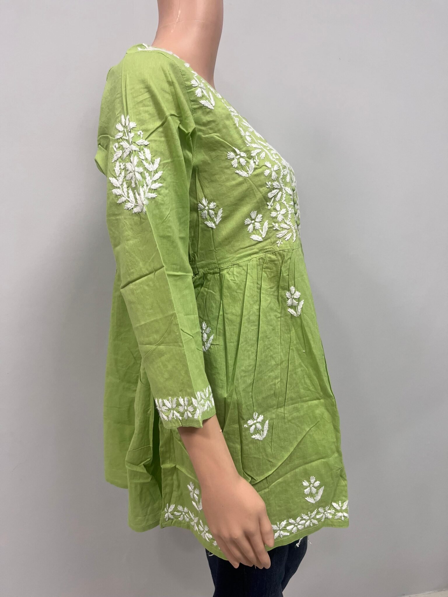 Cotton Short Tunic Top with Chikankari Work | Green Base and White Embroidery 4 Cotton Short Tunic Top with Chikankari Work | Green Base and White Embroidery