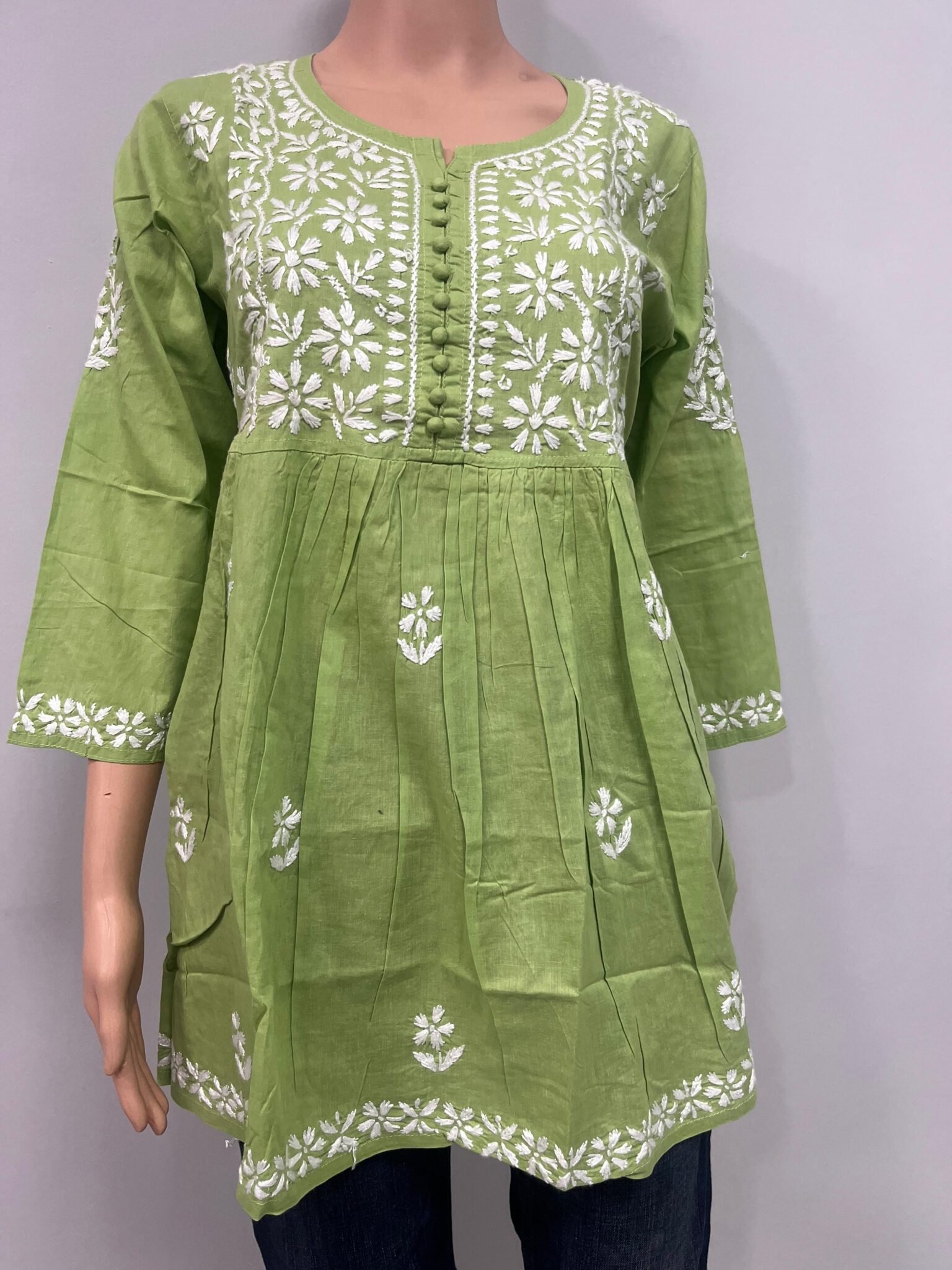 Cotton Short Tunic Top with Chikankari Work | Green Base and White Embroidery 2 Cotton Short Tunic Top with Chikankari Work | Green Base and White Embroidery