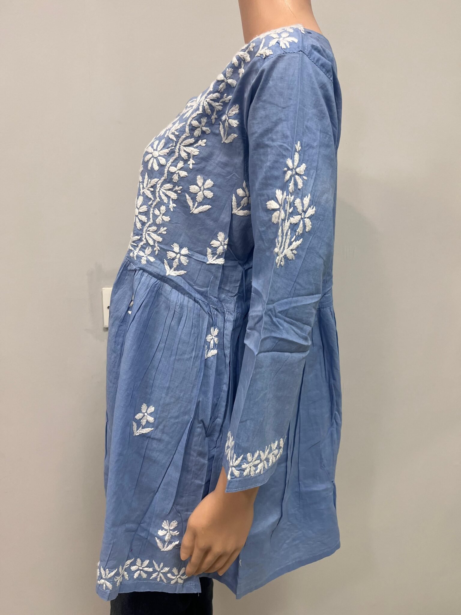 Cotton Short Tunic Top with Chikankari Work | Light Blue Base and White Embroidery 3 Cotton Short Tunic Top with Chikankari Work | Light Base and White Embroidery