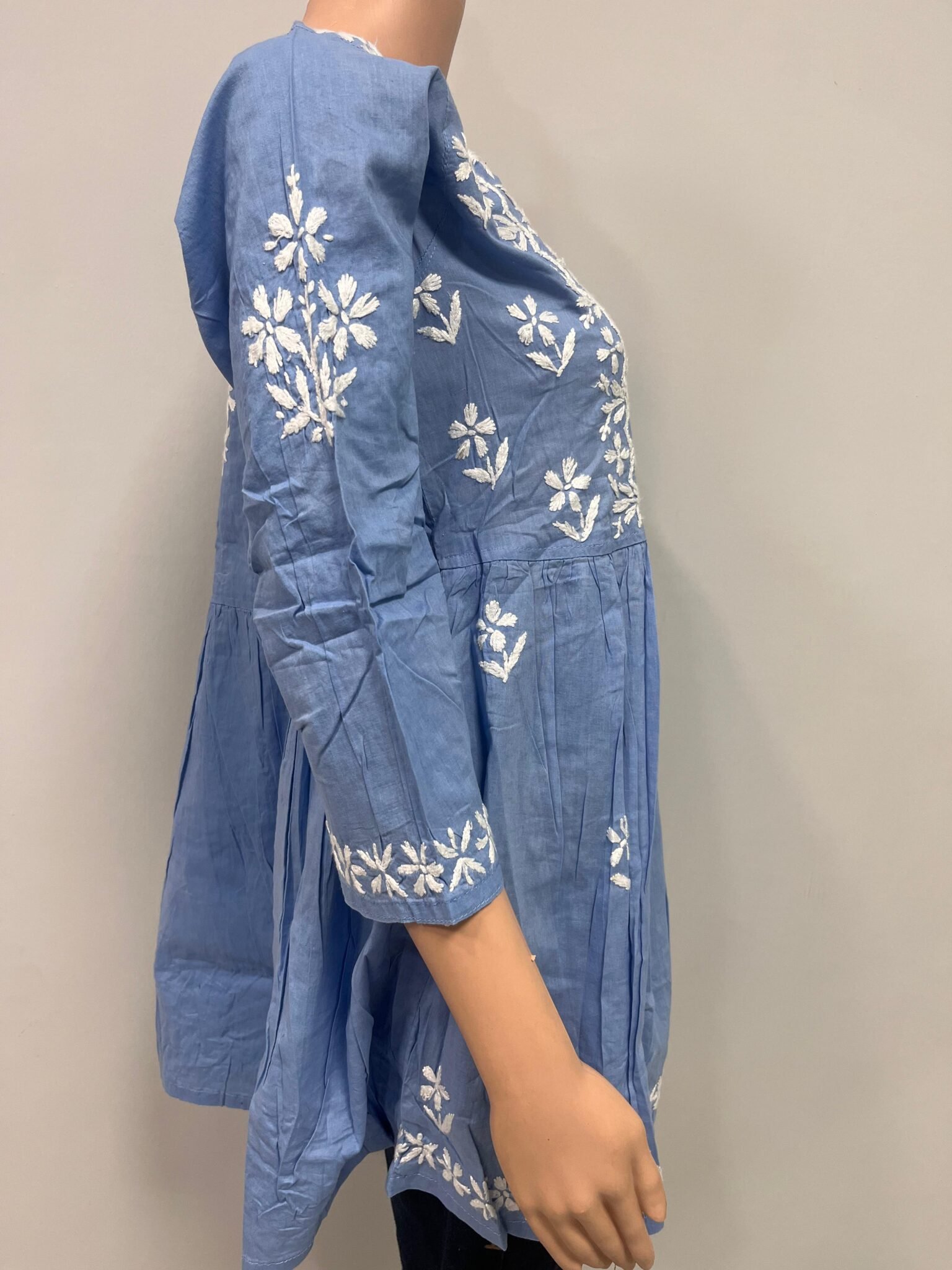 Cotton Short Tunic Top with Chikankari Work | Light Blue Base and White Embroidery 4 Cotton Short Tunic Top with Chikankari Work | Light Base and White Embroidery