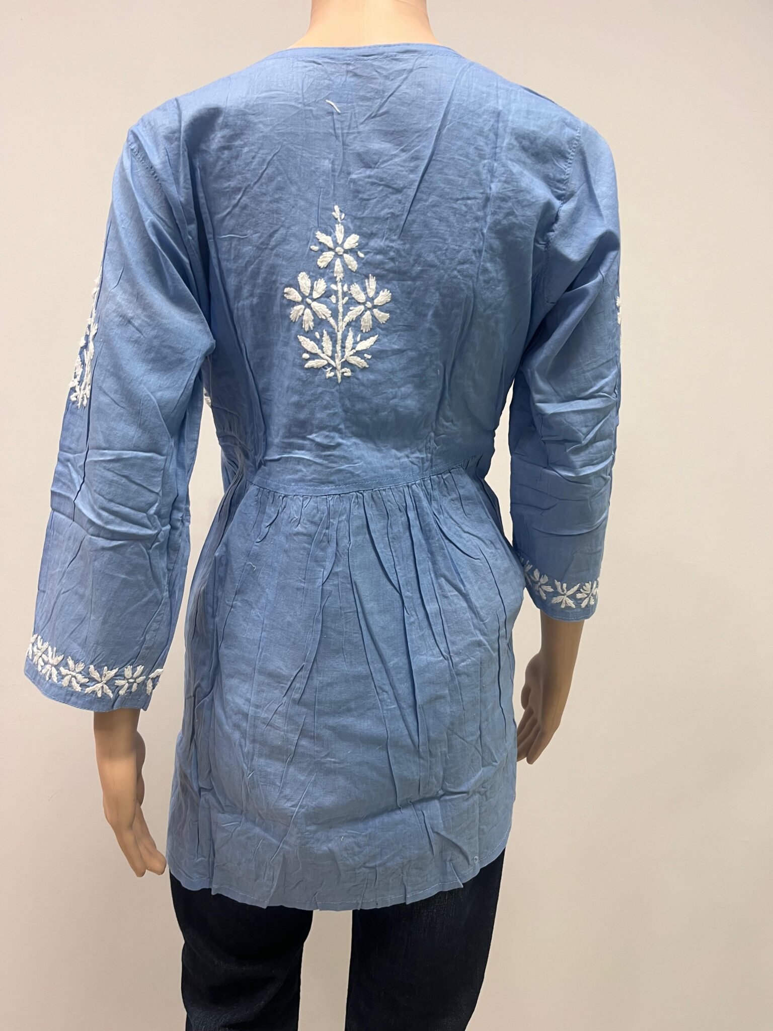 Cotton Short Tunic Top with Chikankari Work | Light Blue Base and White Embroidery 5 Cotton Short Tunic Top with Chikankari Work | Light Base and White Embroidery