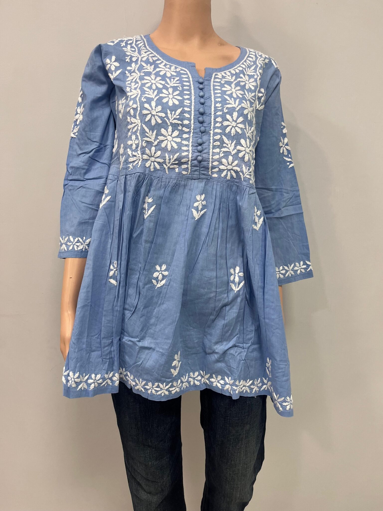 Cotton Short Tunic Top with Chikankari Work | Light Blue Base and White Embroidery 2 Cotton Short Tunic Top with Chikankari Work | Light Blue Base and White Embroidery