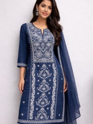Mul-Mul 3 Piece Suit with Chikankari and Pearl Work | Blue