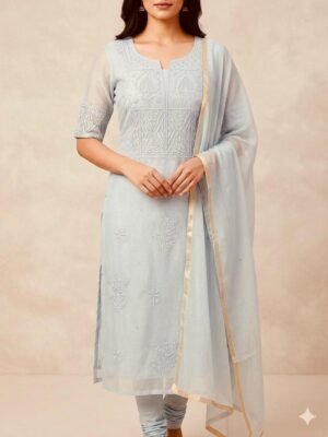 Mul-Mul 3 Piece Suit with Chikankari and Pearl Work | Light Blue