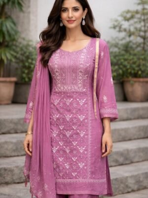 Mul-Mul 3 Piece Suit with Chikankari and Pearl Work | Pink
