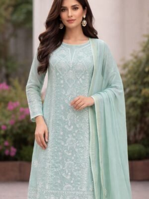 Mul-Mul 3 Piece Suit with Chikankari and Pearl Work | Pista Green