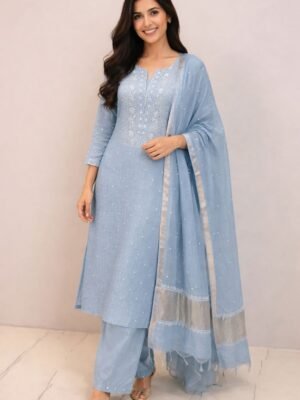 Mul-Mul 3 Piece Suit with Chikankari and Pearl Work | Sky Blue