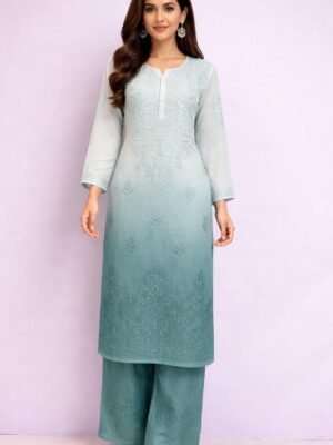 Muslin Kurti and Lower Set with Color Transition and Chikankari Work | Aqua Blue