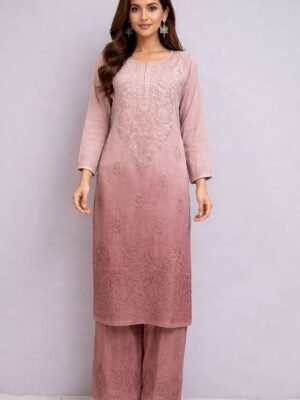Muslin Kurti and Lower Set with Color Transition and Chikankari Work | Brown