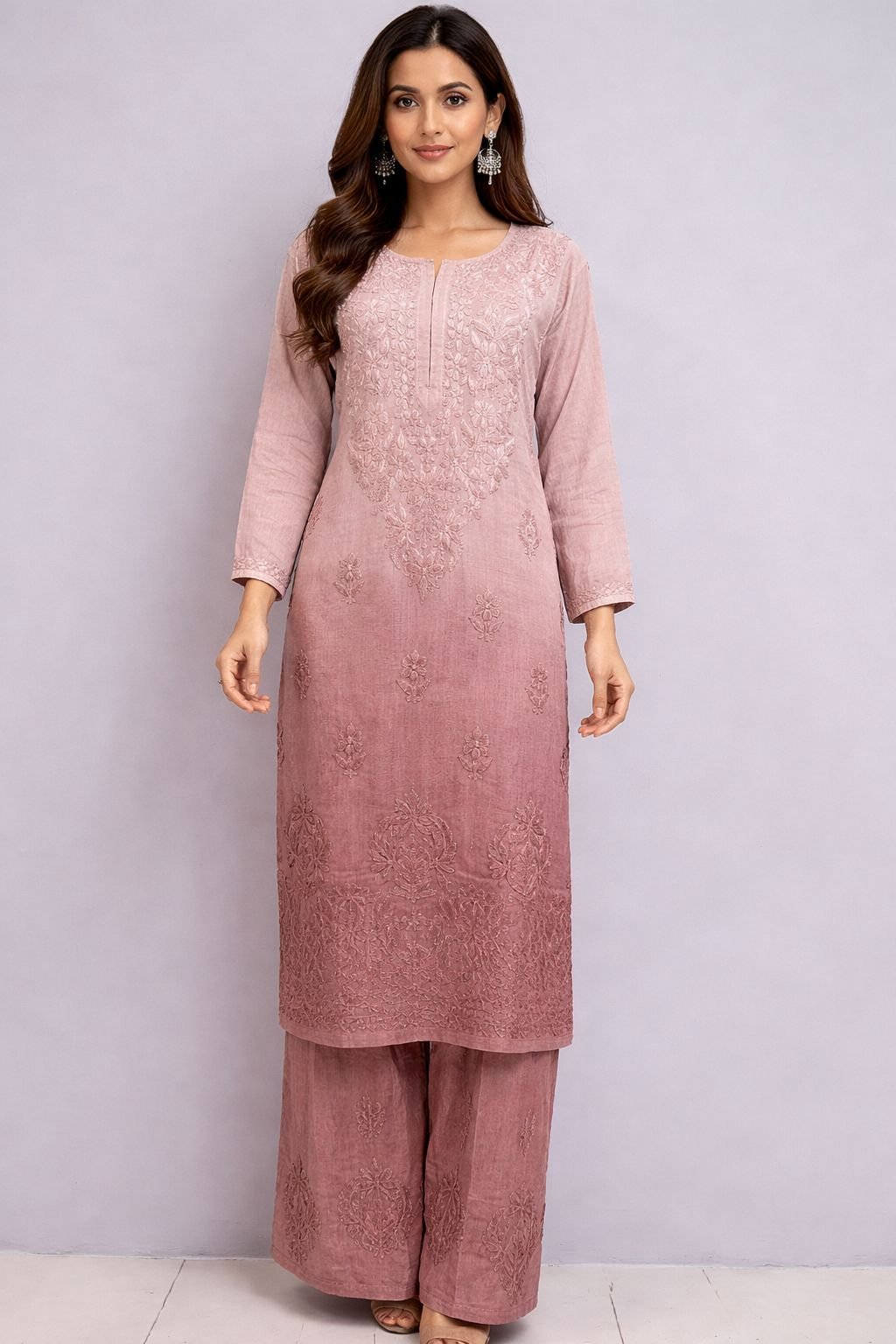 Muslin Kurti and Lower Set with Color Transition and Chikankari Work | Brown 1 Muslin Kurti and Lower Set with Color Transition and Chikankari Work | Brown