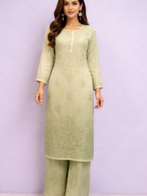 Home 2 Muslin Kurti and Lower Set with Color Transition and Chikankari Work | Green