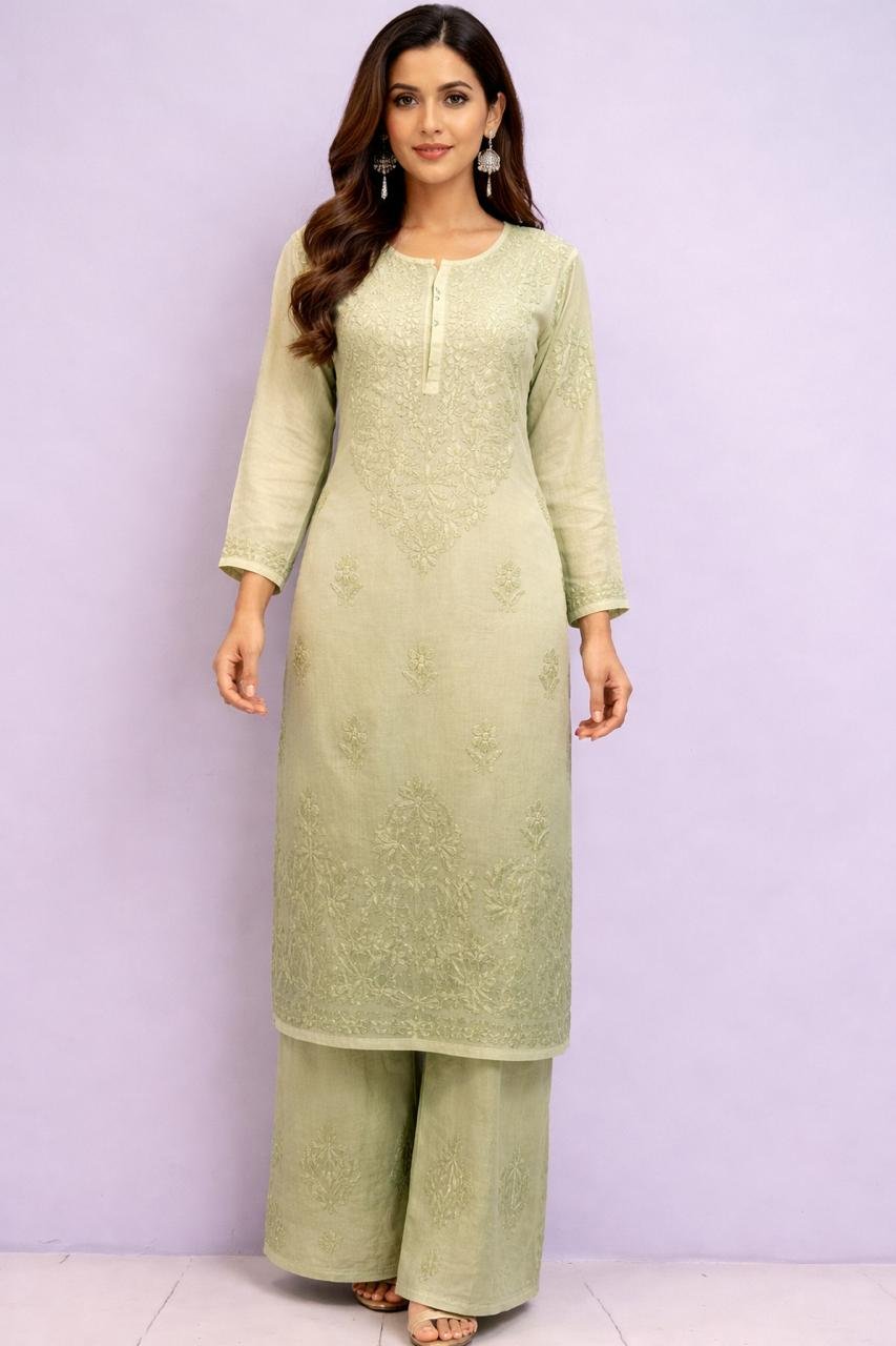 Muslin Kurti and Lower Set with Color Transition and Chikankari Work | Green 1 Muslin Kurti and Lower Set with Color Transition and Chikankari Work | Green